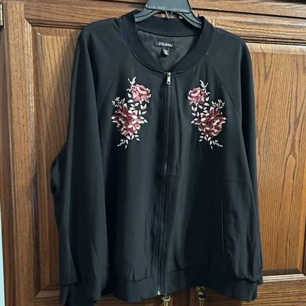 Roz & Ali Zip Up Jacket With Embroidered Flowers black bomber jacket Size 3X